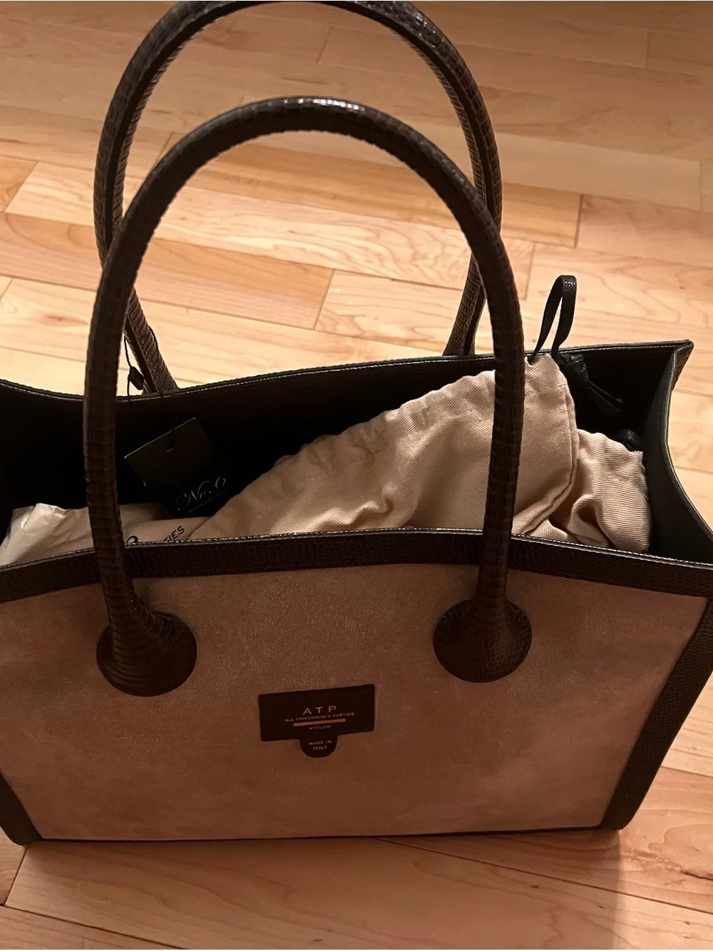 ATP Atelier Suede Tote with Dark Brown Trim includ.  Dust bag